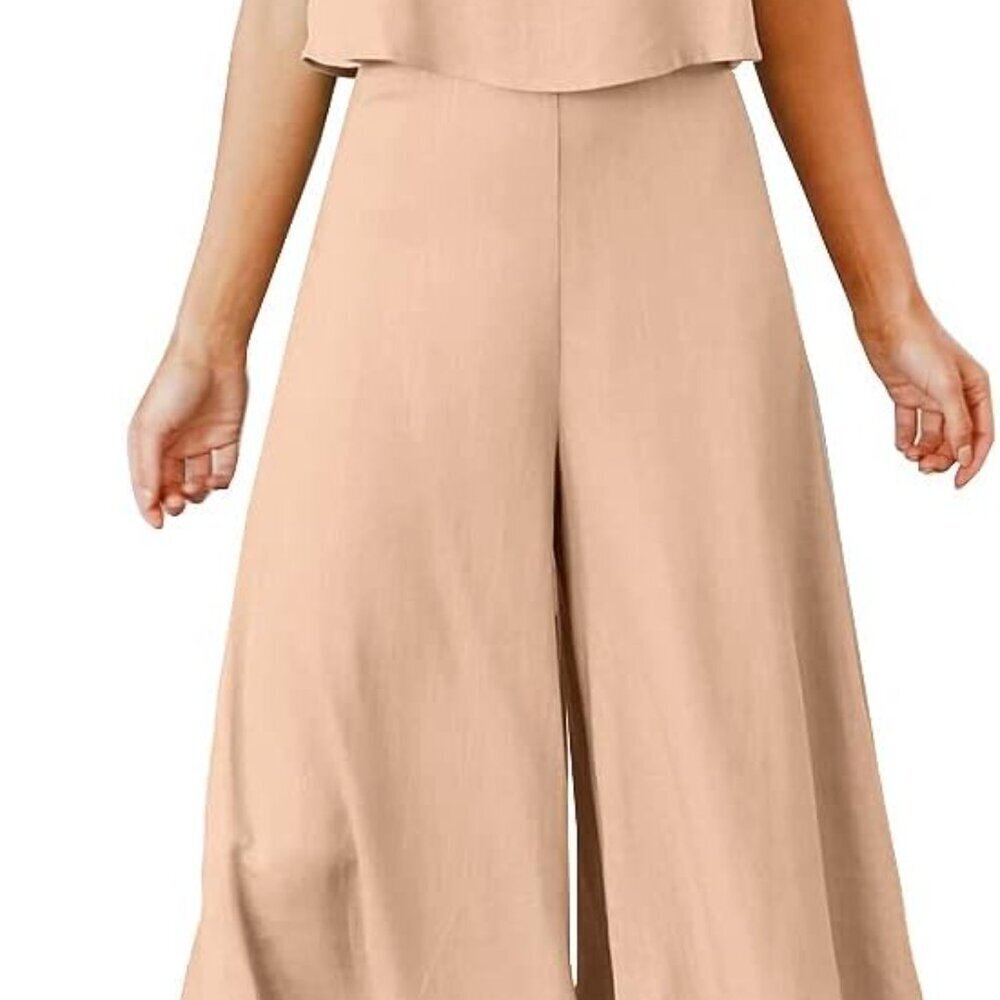 Women's Summer 2 Piece Outfit Polyester Crop Top Wide Leg Pants Set Casual